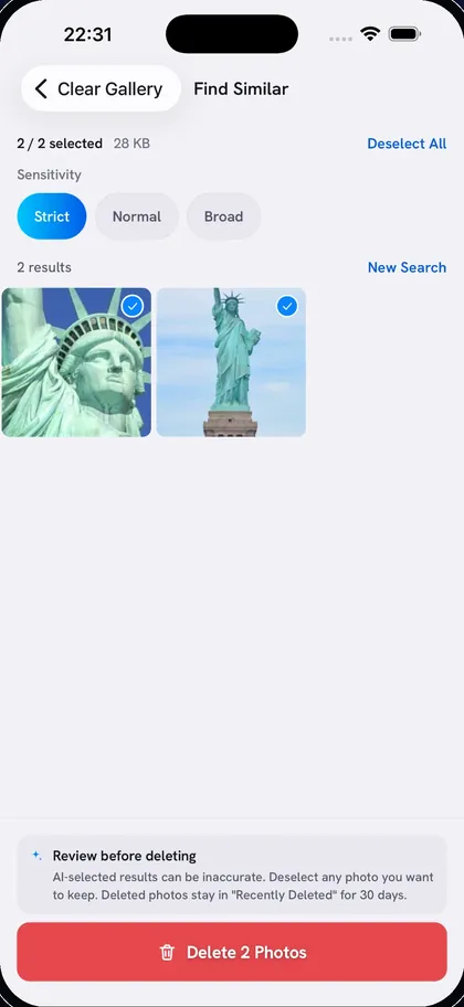 Clear Gallery results selected for review, with a Delete 2 Photos button and a reminder that deleted photos stay in Recently Deleted for 30 days