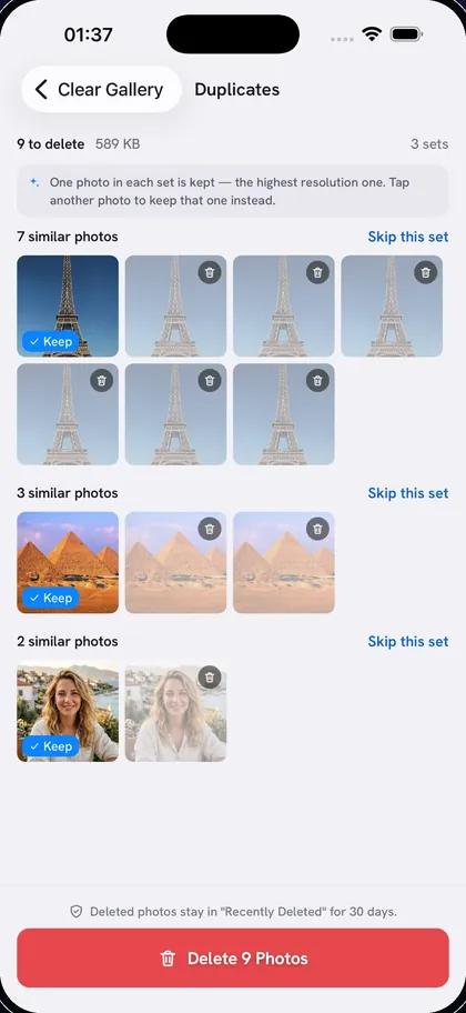 Clear Gallery Duplicates screen with three sets of similar photos, each with one photo marked Keep and a Skip this set option