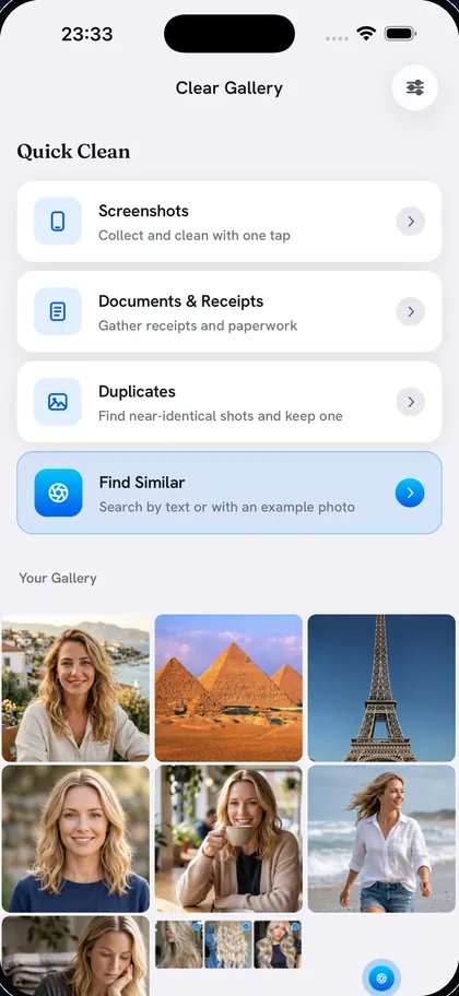 Clear Gallery home screen with a Screenshots option to collect and clean screenshots with one tap