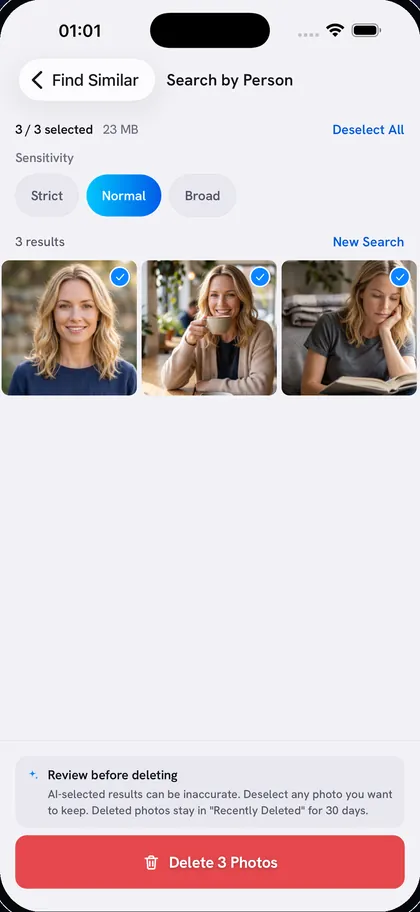 Search by Person results: three photos of the same woman, selected for review, with Strict, Normal and Broad matching