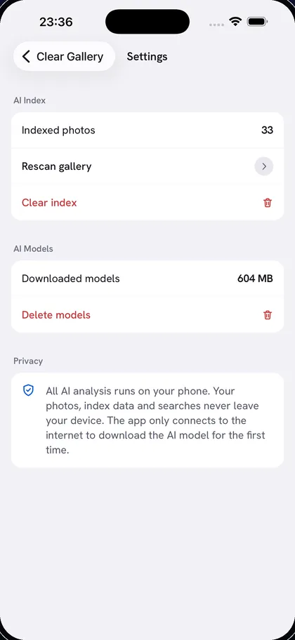 Clear Gallery settings showing 604 MB of downloaded AI models with a Delete models option, and a note that all AI analysis runs on the phone