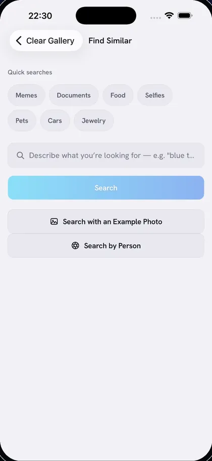 Search screen with quick searches for memes, documents, food, selfies, pets, cars and jewelry, and a field to describe what you are looking for